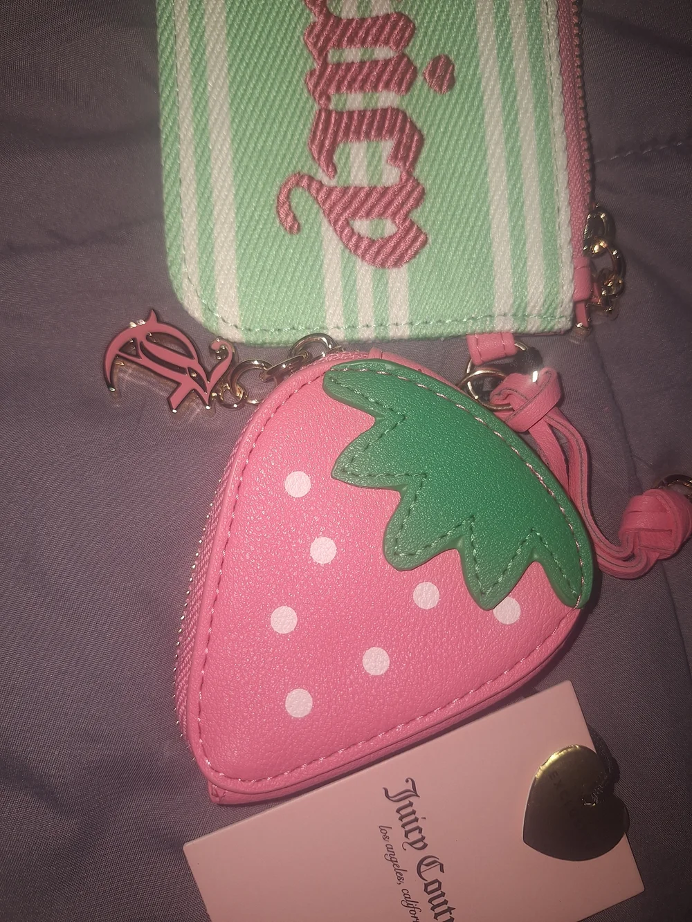 Juicy Couture Mint & Pink Stripe Card Holder with Strawberry Coin Pouch